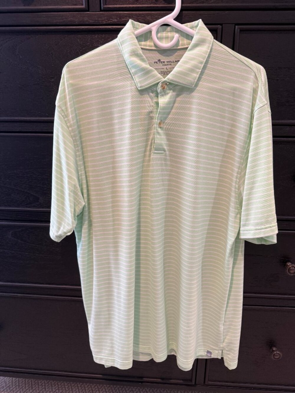 Peter Millar men's lime green/white striped polo/golf shirt - Size large.